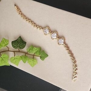Gold Filled Bracelet Quatrefoil Clover Flower with Cubic Zirconia Crystal Stones